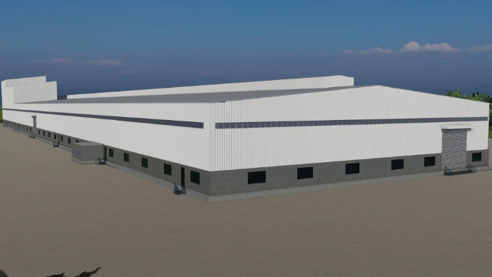 detailed peb design - Perspective view of massive white steel factory building with grey plinth and single large entry gate - Designed at ShreeSES.
