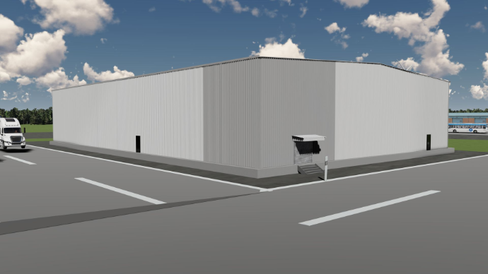 detailed peb design - Corner perspective of compact white steel structure warehouse for small to medium enterprise - ShreeSES.