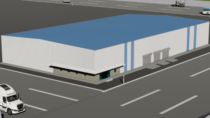 detailed peb design - Side angle of commercial warehouse with blue vertical stripes and multiple shipping doors at South Carolina, USA - Designed at ShreeSES
