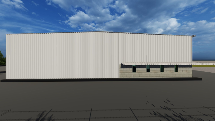 detailed peb design - Side elevation of white steel warehouse showing stone masonry plinth and ventilation windows - Designed at ShreeSES