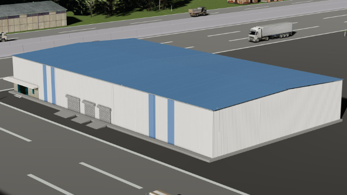 detailed peb design - Modern PEB warehouse design with blue roof and vertical blue wall accents featuring three loading bays - Designed at ShreeSES