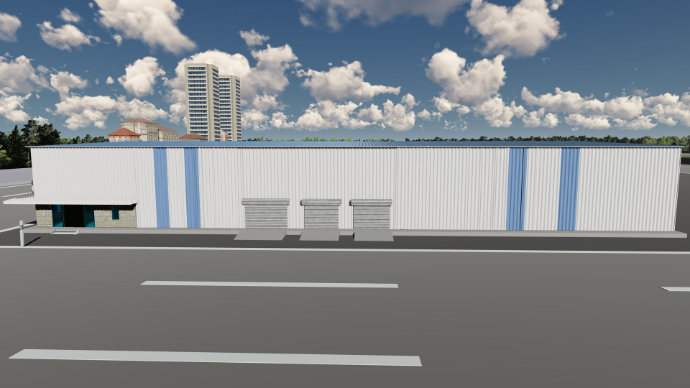 detailed peb design - Long commercial storage shed with blue vertical accents and multiple loading docks - Designed at ShreeSES