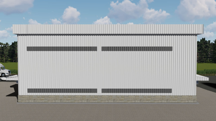 detailed peb design - Front facing view of steel structure storage building with continuous wall ventilation strips - Designed at ShreeSES.