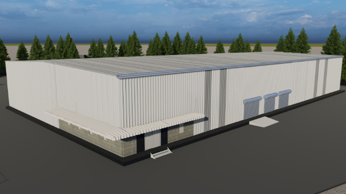 detailed peb design - Secure industrial storage facility exterior with perimeter fencing and triple shutter loading area - Designed at ShreeSES