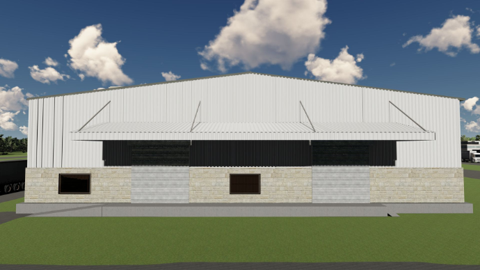 detailed peb design - Gable front view of PEB shed with full-width canopy and twin rolling shutters for good access - Designed at ShreeSES