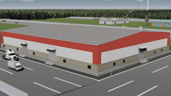 detailed peb design - Red and white commercial logistics warehouse design with stone plinth and ample loading space - Designed at ShreeSES