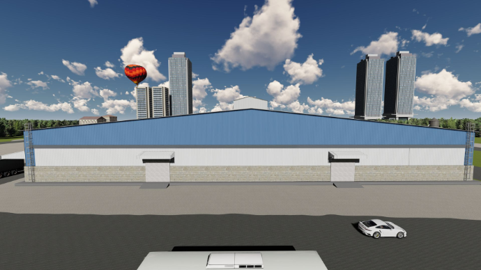 detailed peb design - Wide-span commercial warehouse exterior view with blue roof and heavy structural steel farming - ShreeSES