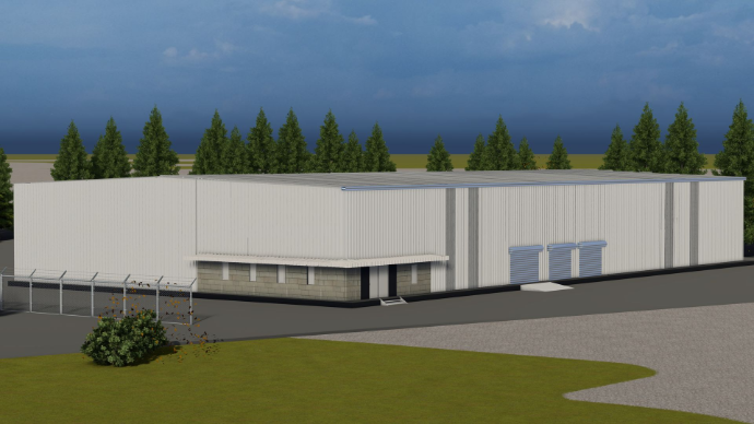 detailed peb design - Front angle of secure white storage warehouse with canopy protection over loading bays - Designed at ShreeSES