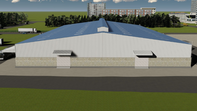 Gable end view of industrial shed showing monitor roof profile and rolling shutter entrance - detailed peb design - Designed at ShreeSES