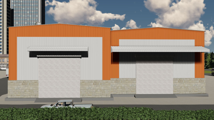 Twin-bay orange and white PEB factory shed design with large loading canopies in Gujarat - detailed peb design - ShreeSES