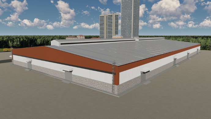 detailed peb design - Aerial perspective of pre-engineered steel warehouse project with brown accent walls near Ahmedabad - Designed at ShreeSES