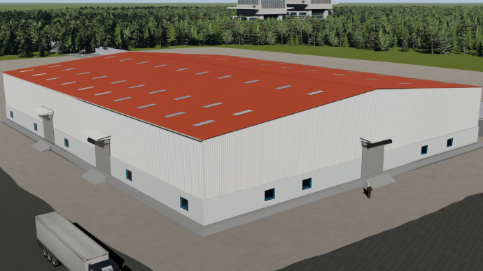 detailed peb design - Corner perspective of large industrial factory with red roofing sheets and side entry doors - Designed at ShreeSES