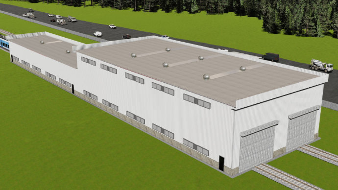 detailed peb design - Long-span white industrial workshop shed with side ventilation windows and dual heavy-duty rolling shutters - Designed at ShreeSES.
