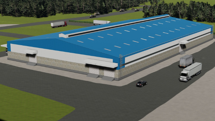 detailed peb design - High-angle perspective of commercial warehousing facility with extensive blue metal roofing and truck access - Designed at ShreeSES