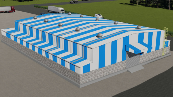 Aerial view of blue and white striped industrial shed featuring roof turbo ventilators for natural ventilation - detailed peb design - ShreeSES.
