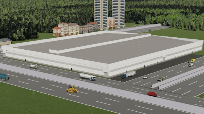 detailed peb design - Aerial overview of sprawling white warehouse facility showing vast roof coverage and parking layout - Designed at ShreeSES