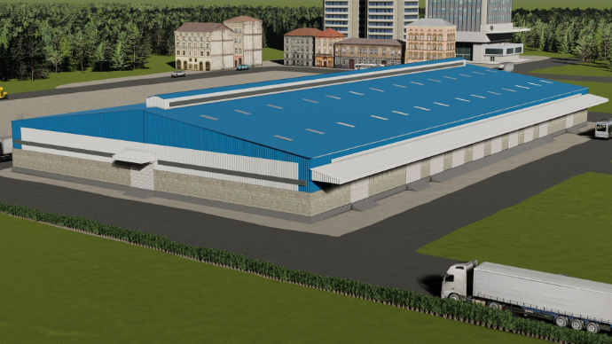 detailed peb design - Front elevation of extra-long industrial complex with blue roof facing the highway for high visibility - Designed at ShreeSES.