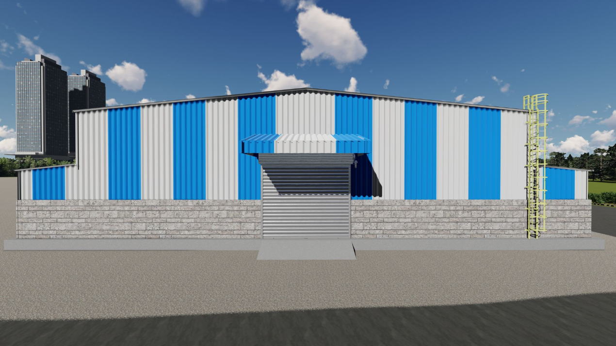 detailed peb design - Front elevation of a 3D rendered industrial warehouse featuring vertical blue and white striped metal siding, a concrete block base, a central roller shutter door with a canopy, and a yellow safety ladder on the right side - Designed at ShreeSES.