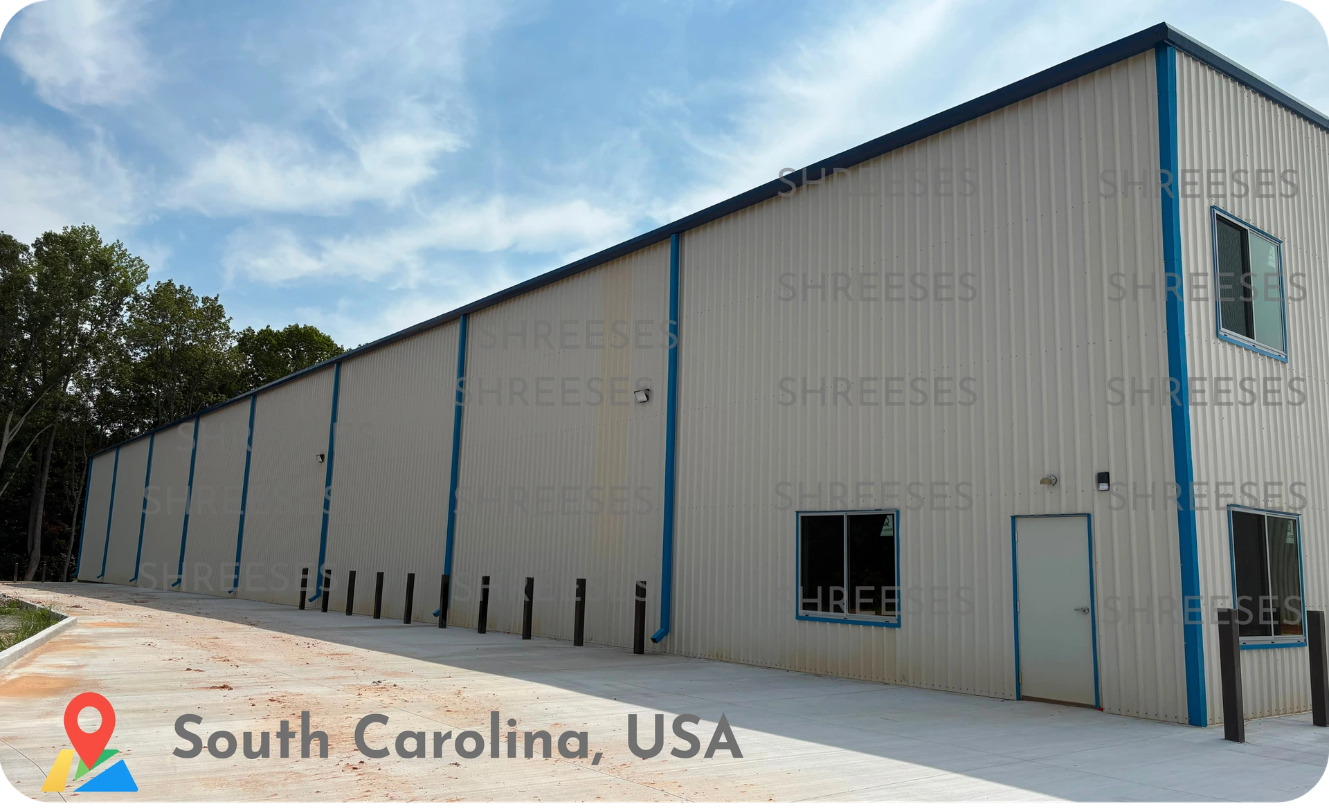 PEB Structural Design & Construction - 190 ft Steel Building by Shree Structural Engineering Services - ShreeSES Long elevation view of 190 ft steel PEB structure showing structural draming and cladding, South Carolina USA by Shree Structural Engineering Services - ShreeSES