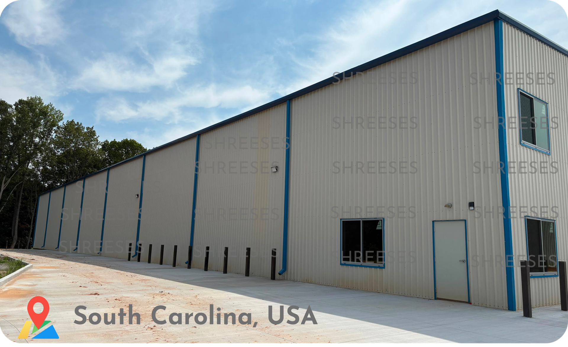 Long elevation view of 190 ft steel PEB structure showing structural framing and cladding, South Carolina USA by Shree Structural Engineering Services – ShreeSES